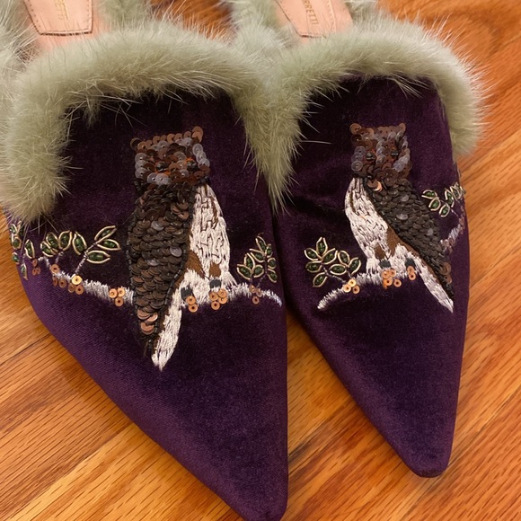 Alberta Ferretti Owl Embroidered Purple Suede and Green Mink Fur Flat Mules - Picture 5 of 8